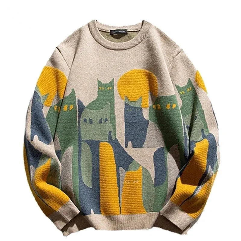 2024 Autumn Knitted Sweater Men Women Winter Harajuku Cartoon Full Cat Print Pullover Vintage Causal Loose Sweaters Streetwear