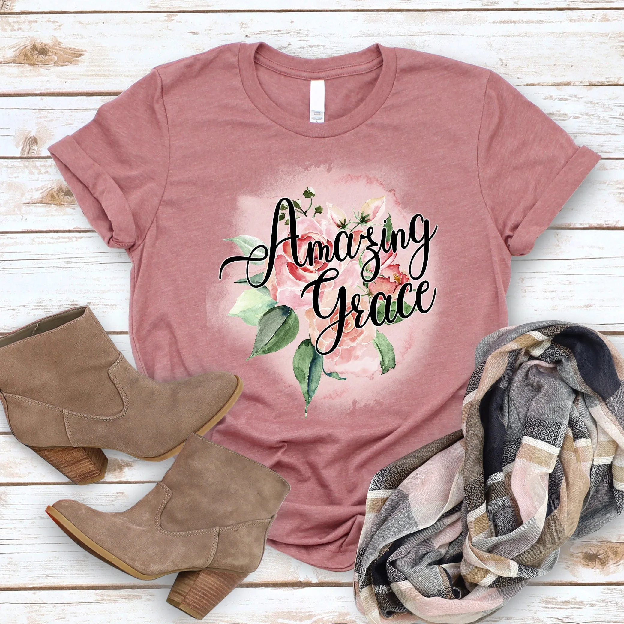 Amazing Grace Rose T Shirts For Women - Women's Christian T Shirts - Women's Religious Shirts