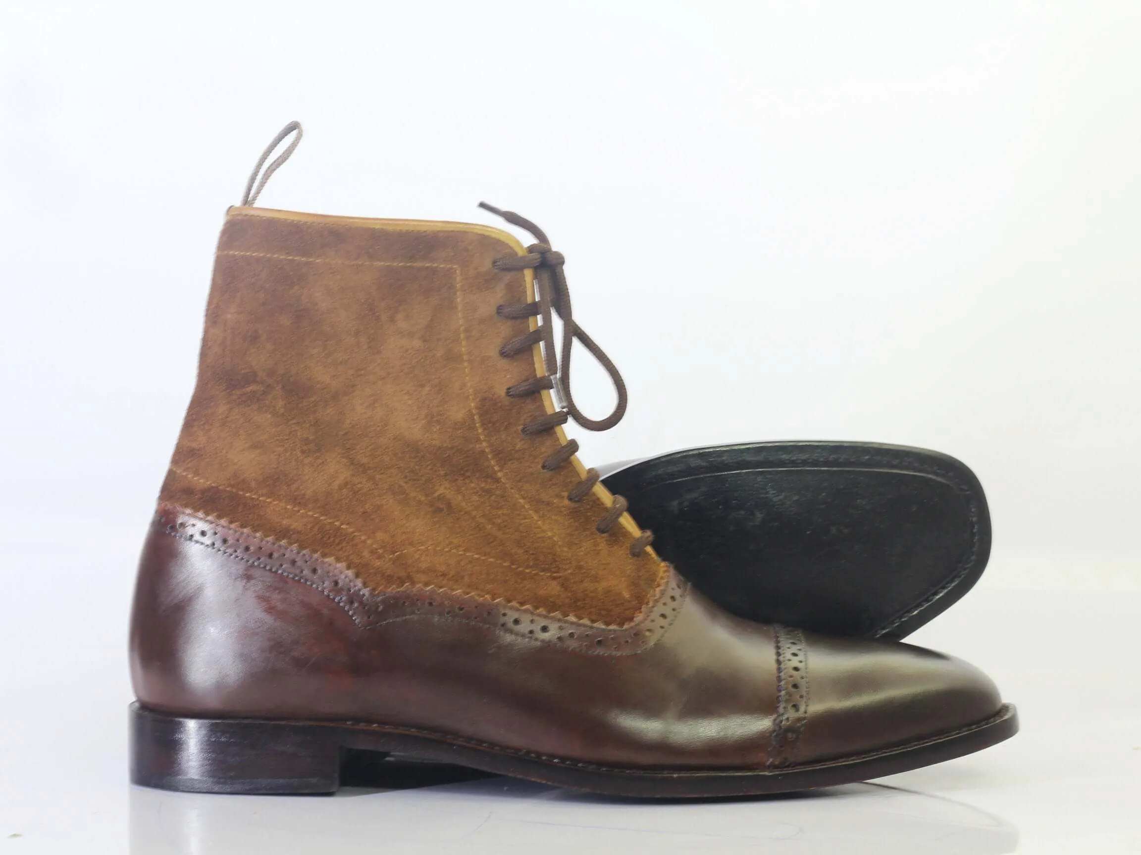 Bespoke Brown Burgundy Leather Suede Cap Toe Ankle Lace Up Boot