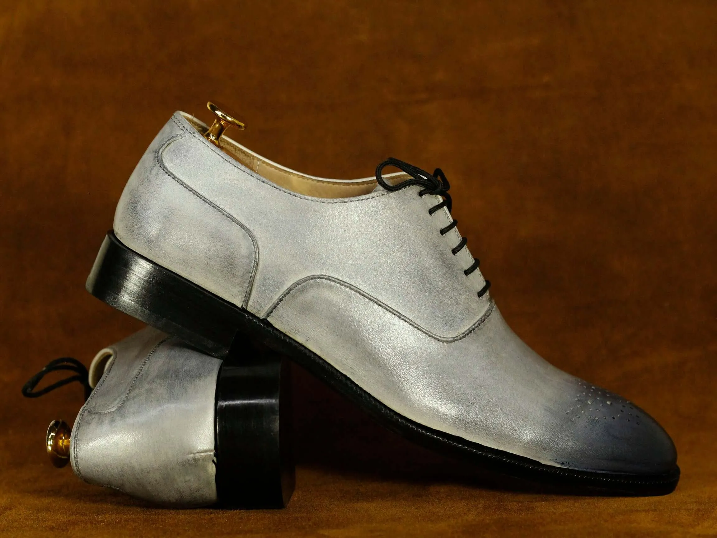 Bespoke Grey Brogue Lace Up Shoes, Men's Oxford Shoes