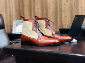 Bespoke Tan Beige Leather Suede Wing Tip Ankle Boots