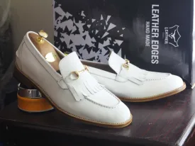 Bespoke White Leather Fringe Loafer For Men's