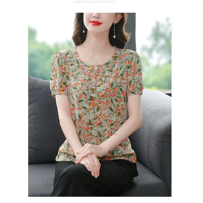 Button Print Anti-Aging Loose Fit Chic Short Sleeve Tee