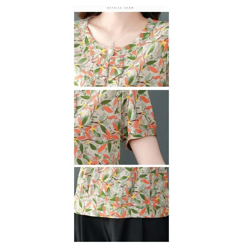 Button Print Anti-Aging Loose Fit Chic Short Sleeve Tee