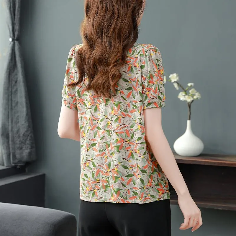 Button Print Anti-Aging Loose Fit Chic Short Sleeve Tee