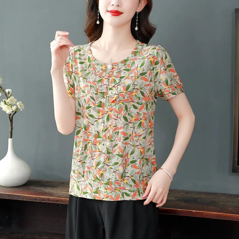 Button Print Anti-Aging Loose Fit Chic Short Sleeve Tee