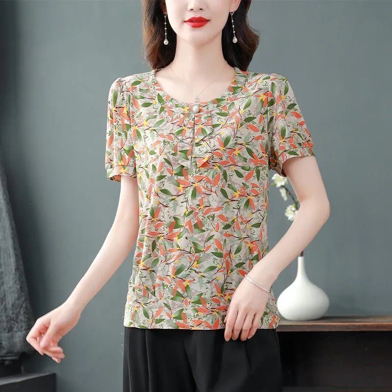 Button Print Anti-Aging Loose Fit Chic Short Sleeve Tee