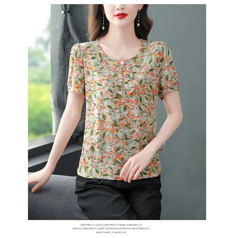 Button Print Anti-Aging Loose Fit Chic Short Sleeve Tee