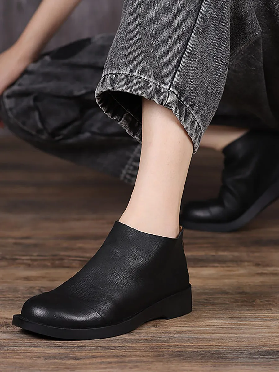 BUYKUD Handmade Genuine Leather Vintage Women Short Boots