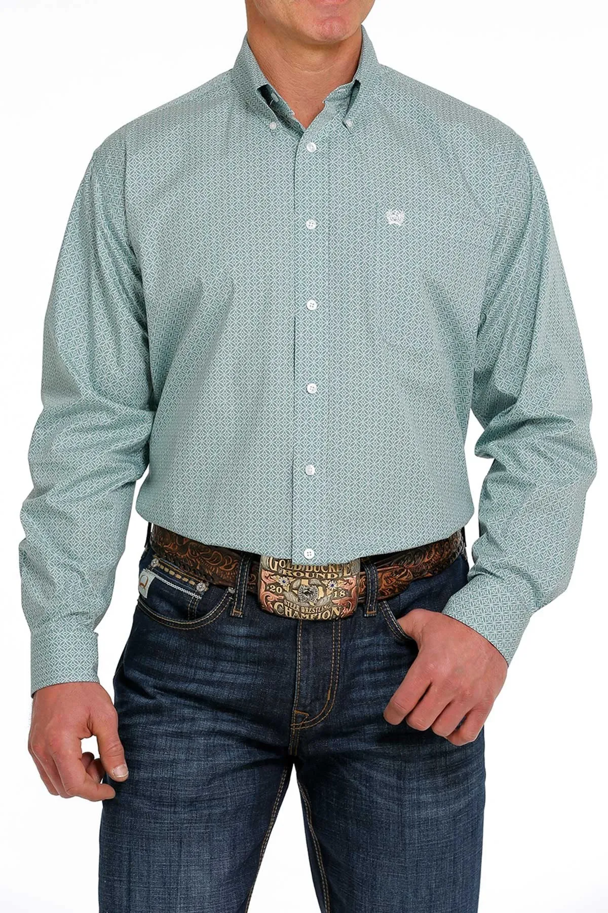 Cinch Mens Geometric Print Buttoned Down Western L/S Shirt - Teal - MTW1105469