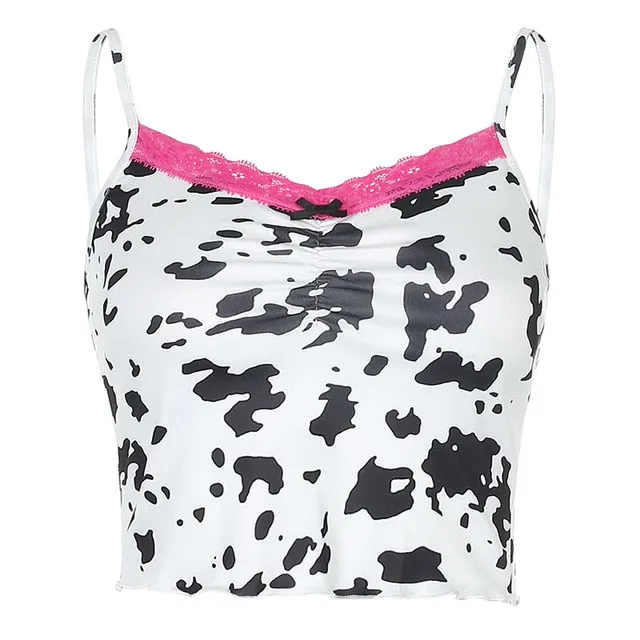 Cow Print Lace Edge Cute Summer Tops For Women V Neck Sexy Ruched Party Clubwear Casual Crop Top Tees Kawaii Clothes