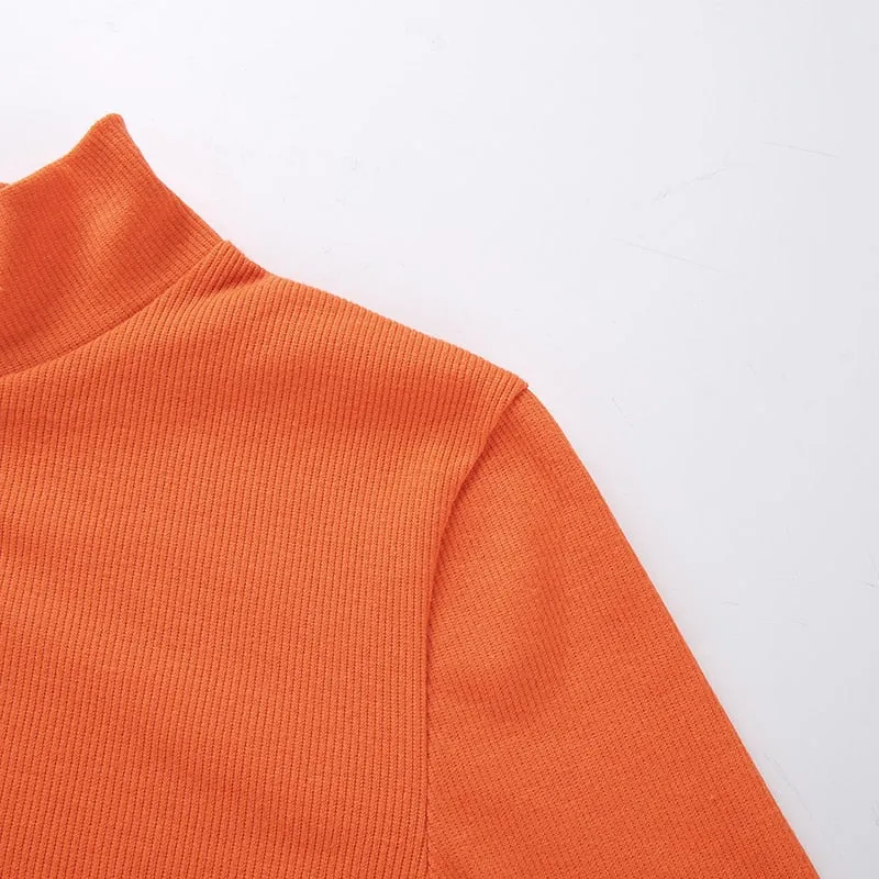 Crop Top Orange Sexy Korean Fashion Knitted Turtleneck Long Sleeve