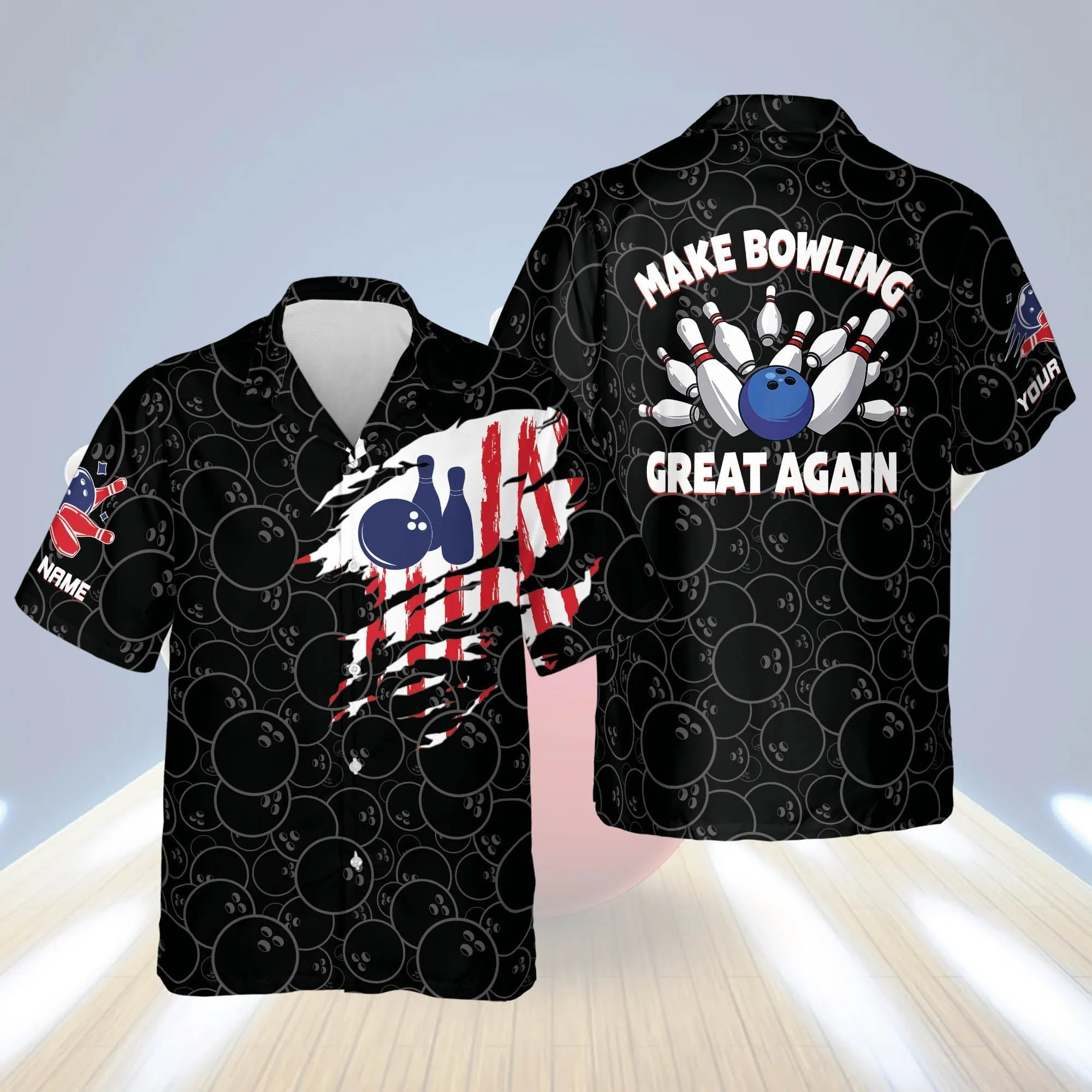 Custom name Bowling Shirts for Men, Men's USA Hawaiian shirt, Bowling Hawaiian shirt for men