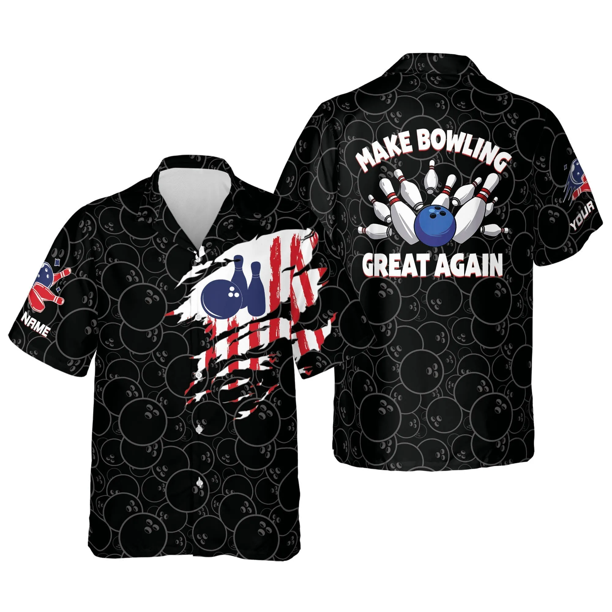 Custom name Bowling Shirts for Men, Men's USA Hawaiian shirt, Bowling Hawaiian shirt for men