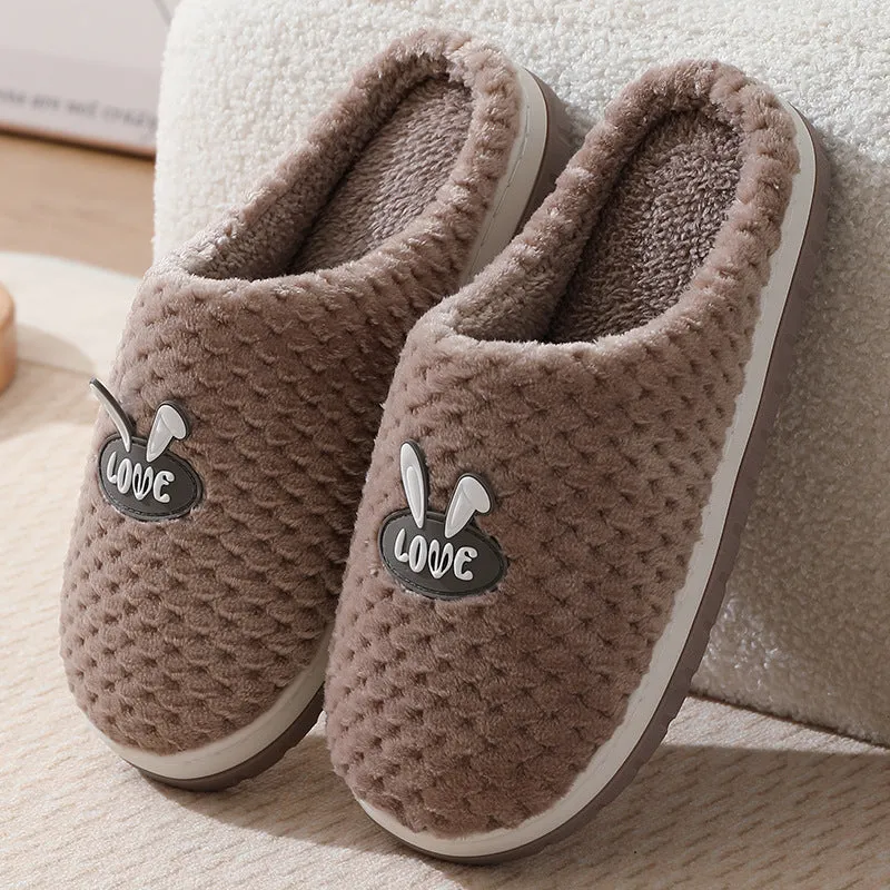 Cute Rabbit Plaid Design Home Slippers Winter Warm Thick-soled Cotton House Shoes For Women Indoor Non-slip Solid Couple Plush Slipper