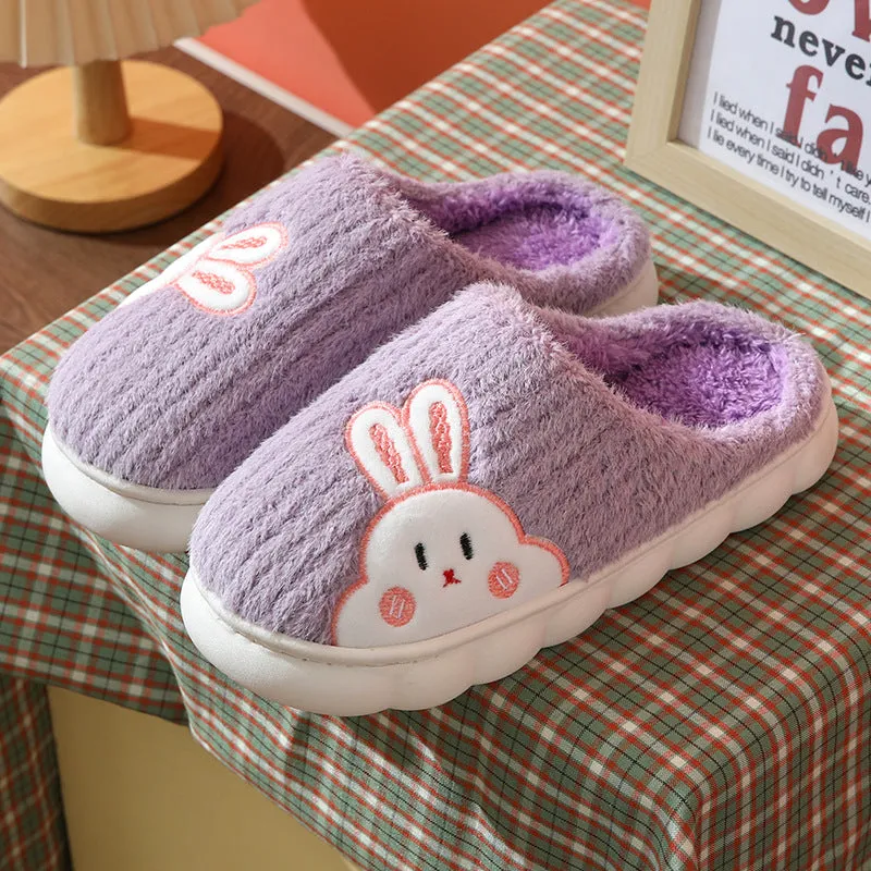 Cute Rabbit Striped Slippers For Women Thick-soled Indoor Couples Warm Winter Non-slip Home Slipper Plush Cotton Shoes