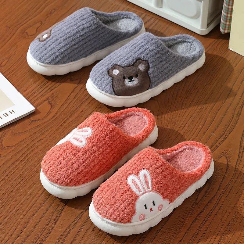 Cute Rabbit Striped Slippers For Women Thick-soled Indoor Couples Warm Winter Non-slip Home Slipper Plush Cotton Shoes