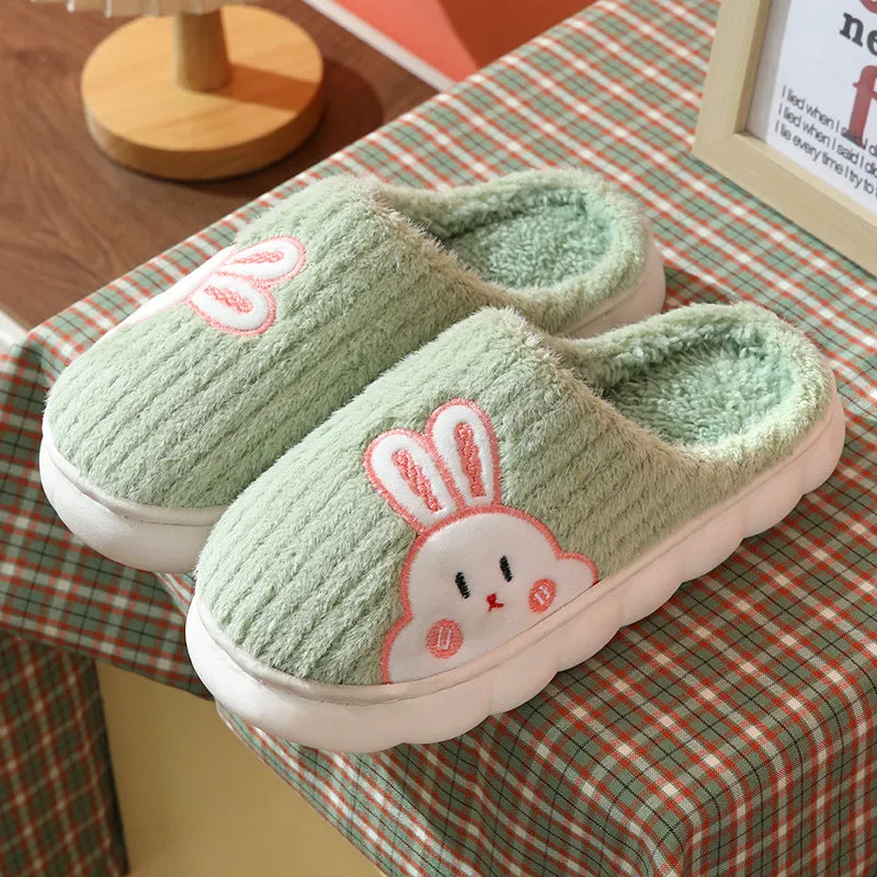 Cute Rabbit Striped Slippers For Women Thick-soled Indoor Couples Warm Winter Non-slip Home Slipper Plush Cotton Shoes