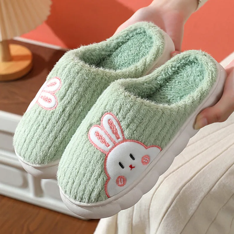 Cute Rabbit Striped Slippers For Women Thick-soled Indoor Couples Warm Winter Non-slip Home Slipper Plush Cotton Shoes