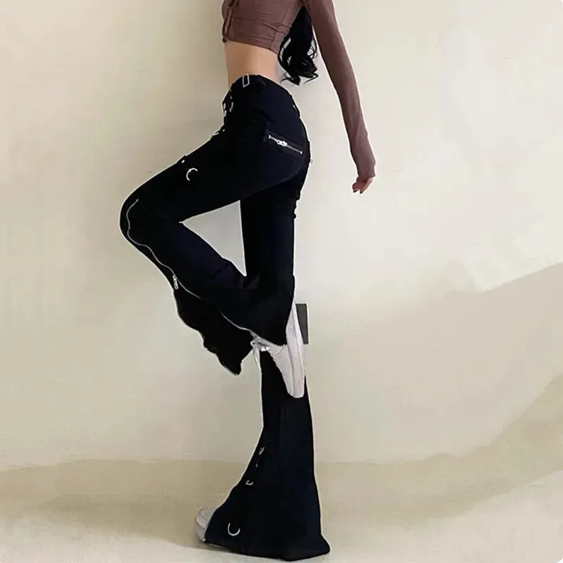 Dark Zipper Streetwear Flare Halloween Y2K Slim Ankle Pants