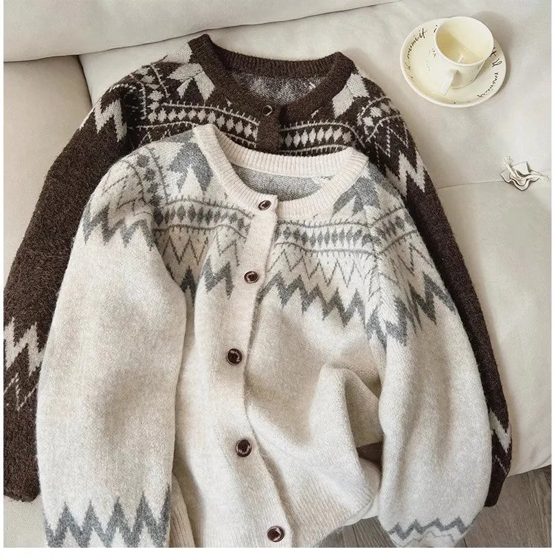 Designed round neck sweater jacket for women jacquard long-sleeved cardigan top trendy      S4888