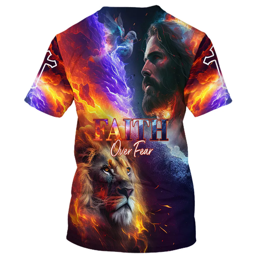 Faith Over Fear Jesus And Lion 3d All Over Print Shirt - Christian 3d Shirts For Men Women