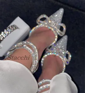 Glitter Rhinestones Women Pumps Crystal Bowknot Satin Sandals 2022 Summer Transparent Shoes High Heels Party Prom Designer Shoes