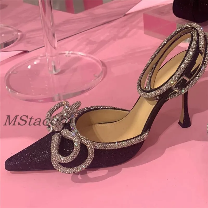 Glitter Rhinestones Women Pumps Crystal Bowknot Satin Sandals 2022 Summer Transparent Shoes High Heels Party Prom Designer Shoes