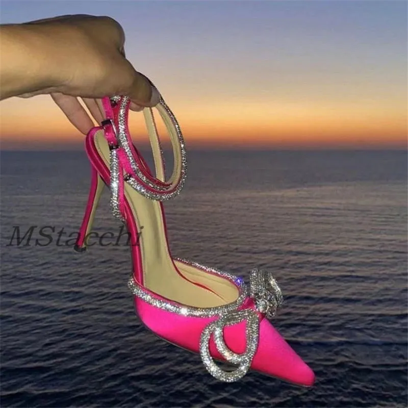 Glitter Rhinestones Women Pumps Crystal Bowknot Satin Sandals 2022 Summer Transparent Shoes High Heels Party Prom Designer Shoes