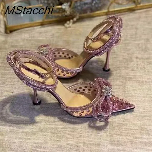 Glitter Rhinestones Women Pumps Crystal Bowknot Satin Sandals 2022 Summer Transparent Shoes High Heels Party Prom Designer Shoes