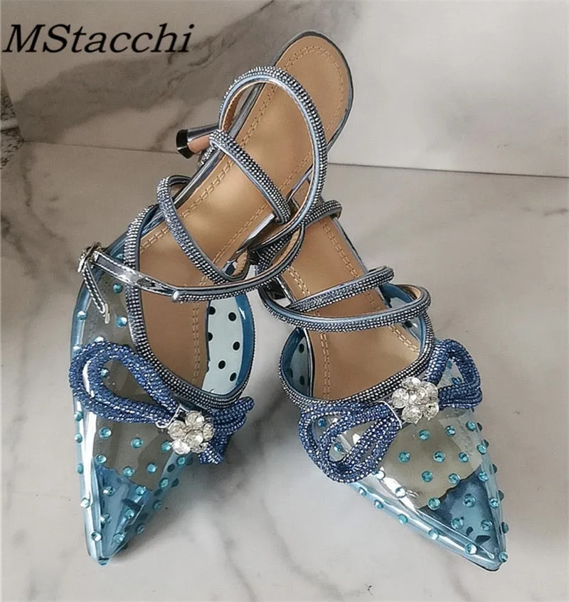 Glitter Rhinestones Women Pumps Crystal Bowknot Satin Sandals 2022 Summer Transparent Shoes High Heels Party Prom Designer Shoes