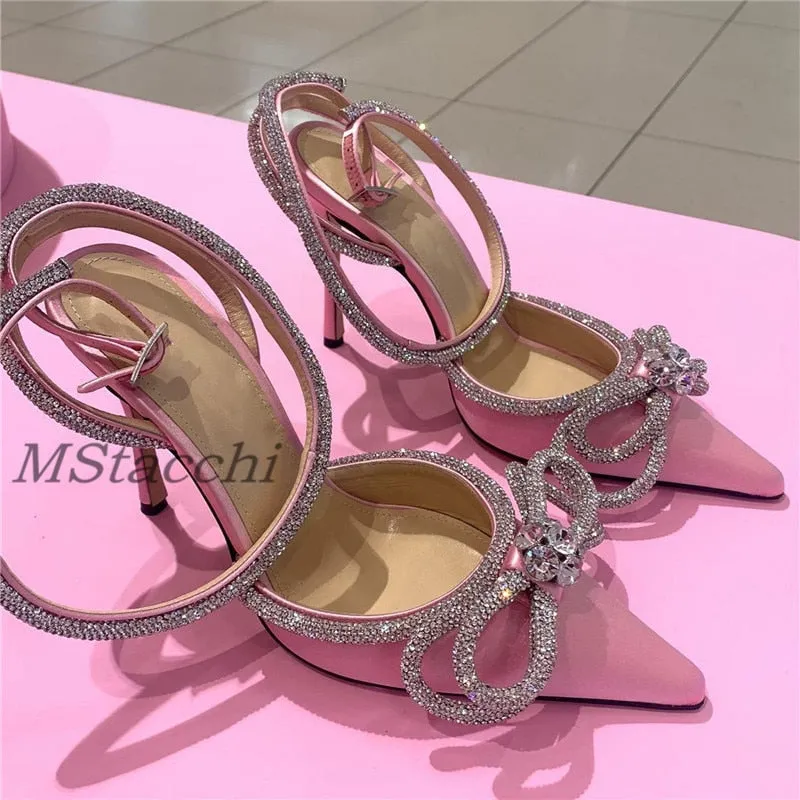 Glitter Rhinestones Women Pumps Crystal Bowknot Satin Sandals 2022 Summer Transparent Shoes High Heels Party Prom Designer Shoes