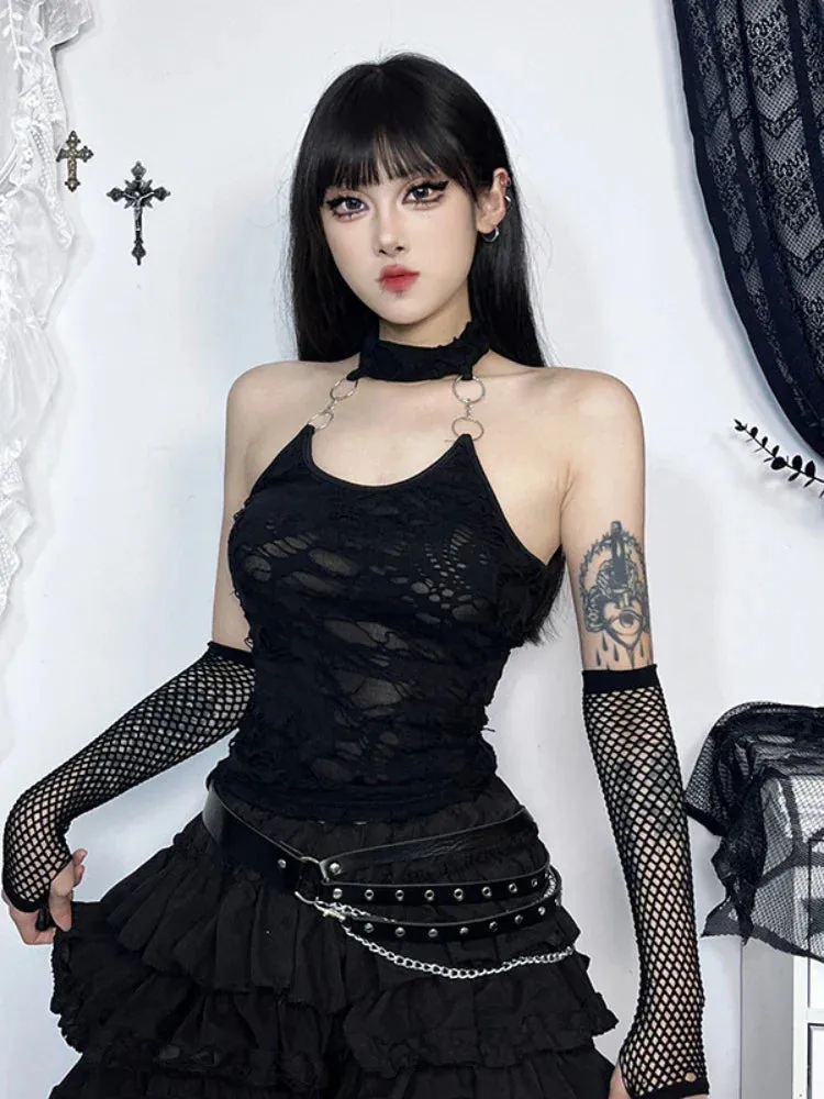 Gothic Halter Crop Cyberpunk Basic Sexy Y2K Harajuku Bodycon Backless Ring Top