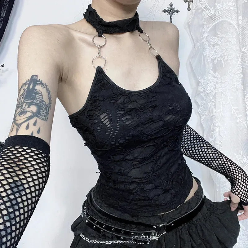 Gothic Halter Crop Cyberpunk Basic Sexy Y2K Harajuku Bodycon Backless Ring Top