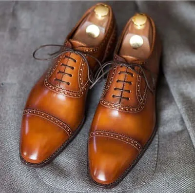 Handmade Men's Tan Color Cap Toe Stylish Shoes Stylish Lace Up Leather Shoes