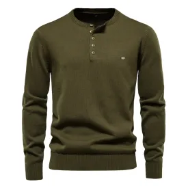 Henley Collar Men Sweaters 100% Cotton Solid Color Casual Men's Pullovers New Autumn Thin High Quality Sweaters for Men