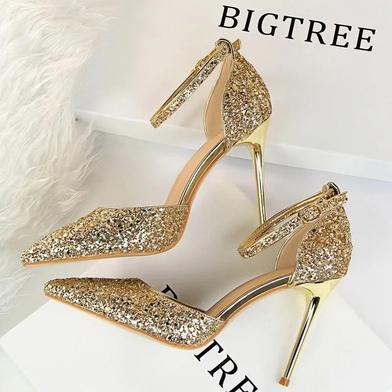 High Heel Shoes Women Pumps Metallic Sequin Heels 10 cm