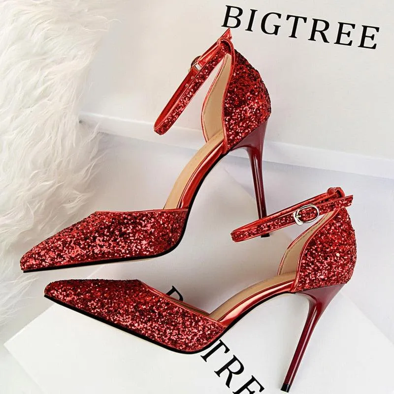 High Heel Shoes Women Pumps Metallic Sequin Heels 10 cm