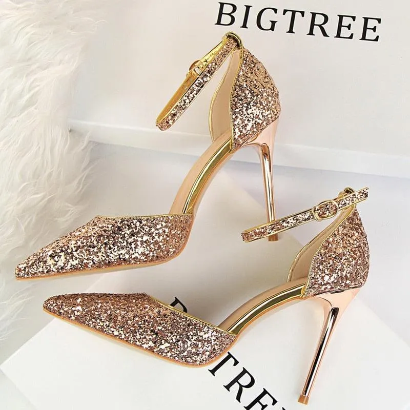 High Heel Shoes Women Pumps Metallic Sequin Heels 10 cm