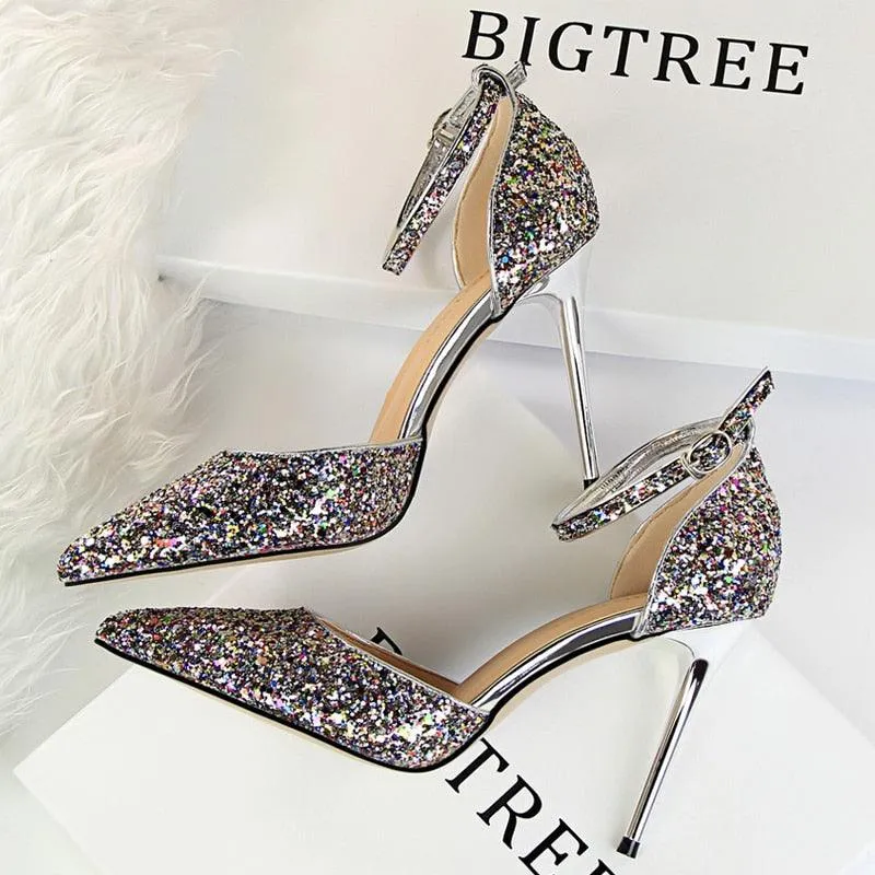 High Heel Shoes Women Pumps Metallic Sequin Heels 10 cm