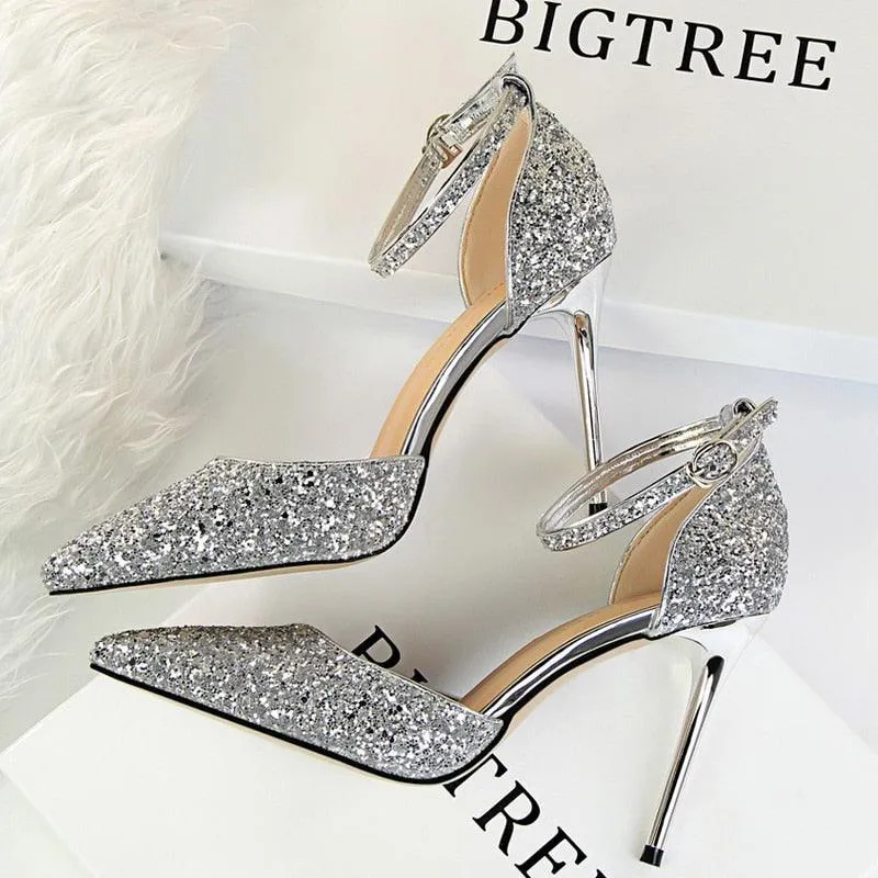 High Heel Shoes Women Pumps Metallic Sequin Heels 10 cm