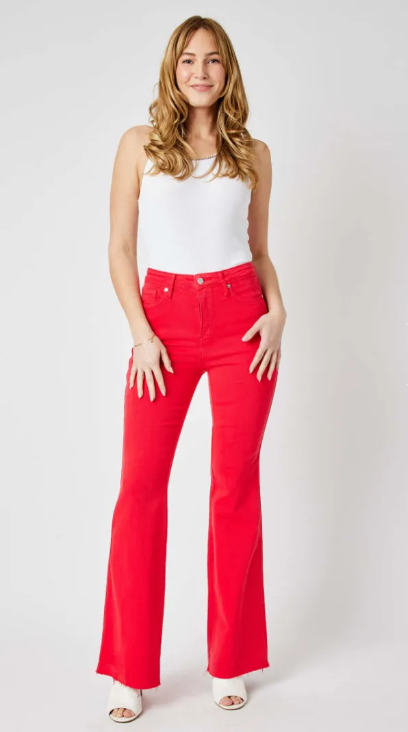 Judy Blue Tummy Control Red Garment Dyed Flare Jeans - Plus Size