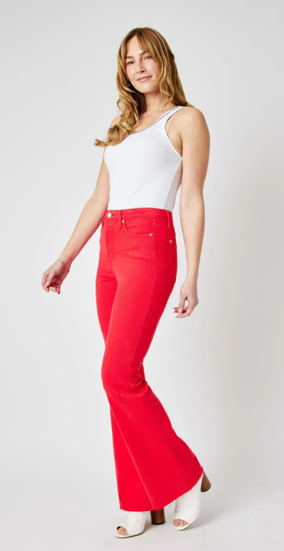 Judy Blue Tummy Control Red Garment Dyed Flare Jeans - Plus Size