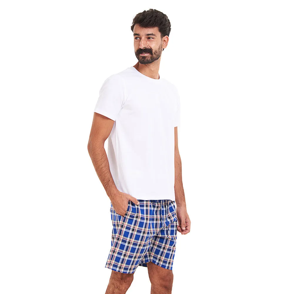 Men summer pajama set White T-shirt   Royal blue x Red Checkered shorts