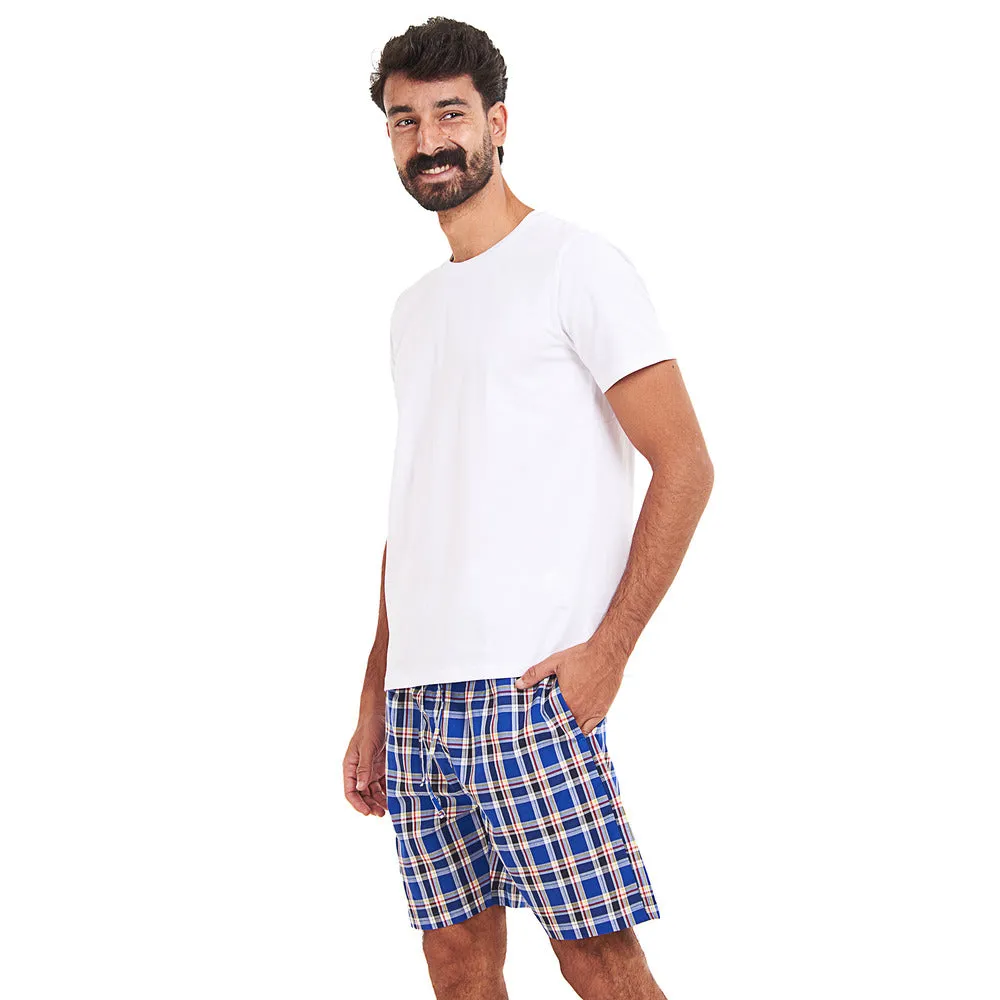 Men summer pajama set White T-shirt   Royal blue x Red Checkered shorts