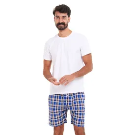 Men summer pajama set White T-shirt   Royal blue x Red Checkered shorts