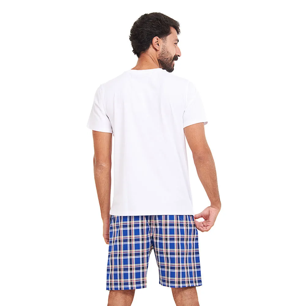 Men summer pajama set White T-shirt   Royal blue x Red Checkered shorts