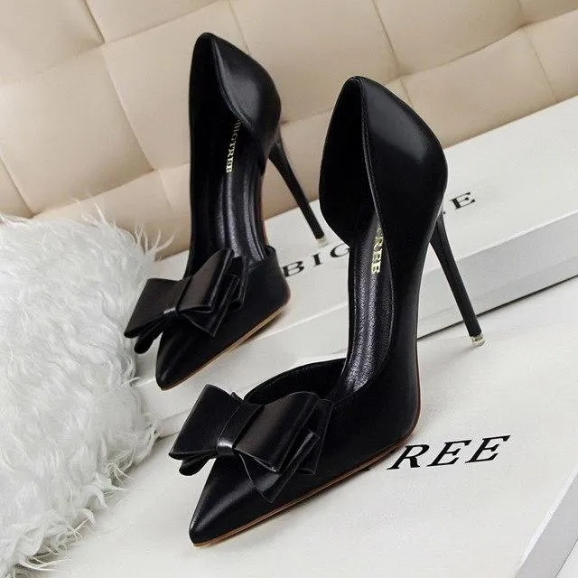 New Spring Autumn Women Elegant Pumps Sweet Bow High-heeled Shoes Thin Pink High Heel Shoes Hollow Pointed Heels