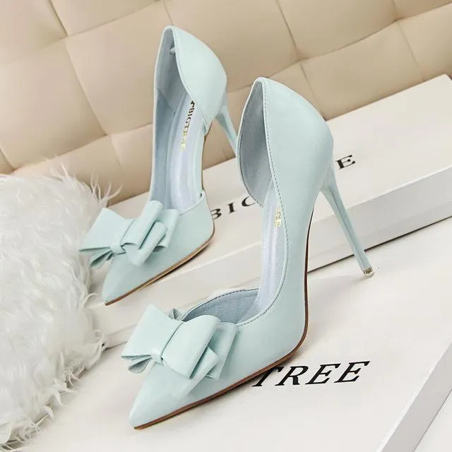 New Spring Autumn Women Elegant Pumps Sweet Bow High-heeled Shoes Thin Pink High Heel Shoes Hollow Pointed Heels