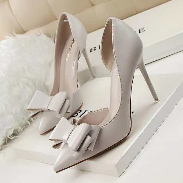 New Spring Autumn Women Elegant Pumps Sweet Bow High-heeled Shoes Thin Pink High Heel Shoes Hollow Pointed Heels